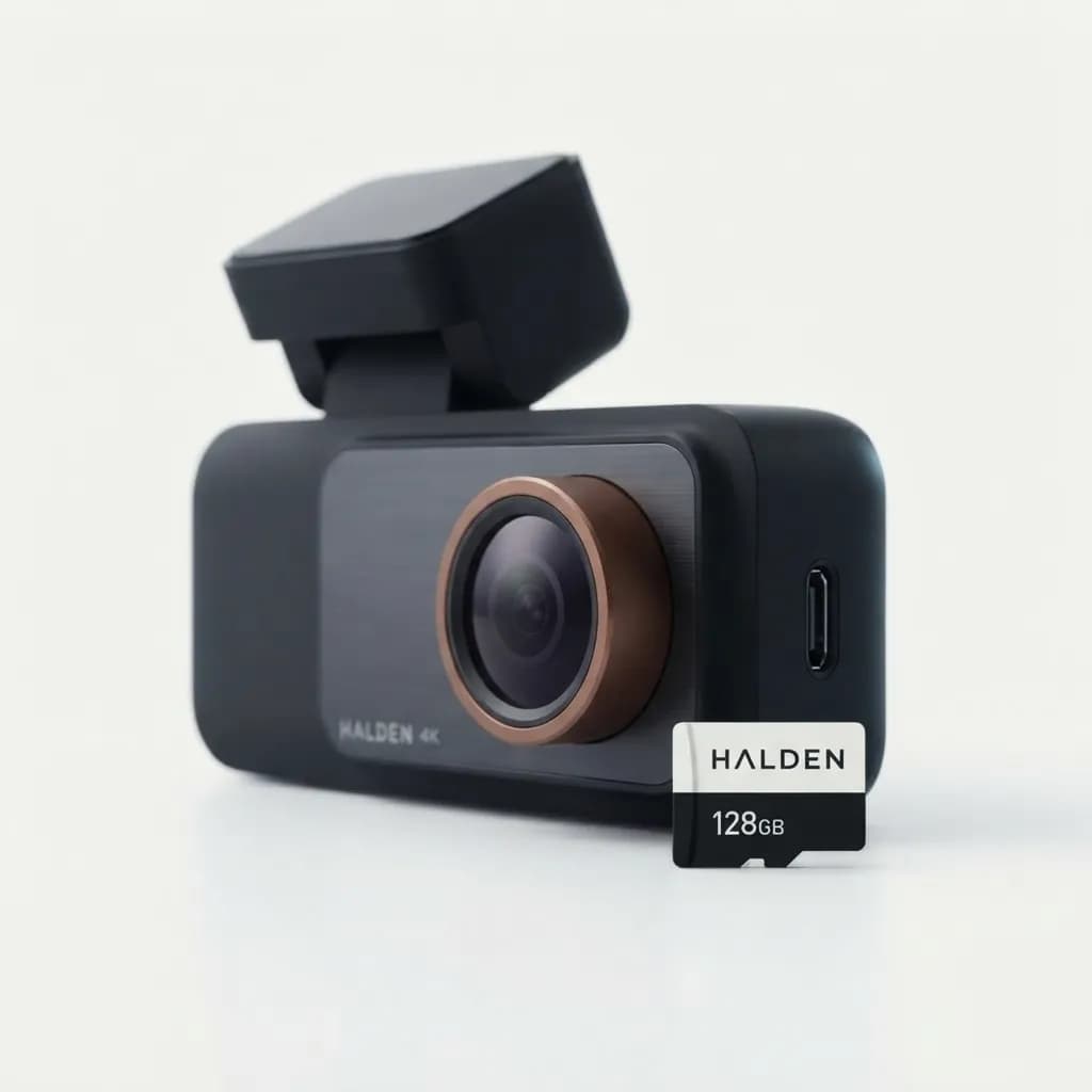 The Halden 128GB card next to the card slot of the Halden Duo 4K
