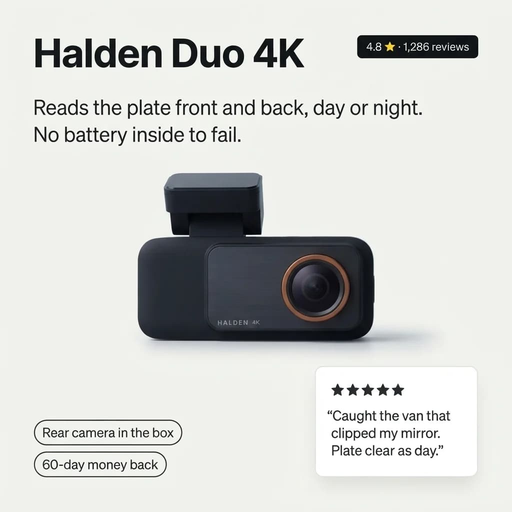 Halden Duo 4K, rated 4.8 from 1,286 reviews: reads the plate front and back, day or night, with no battery inside
