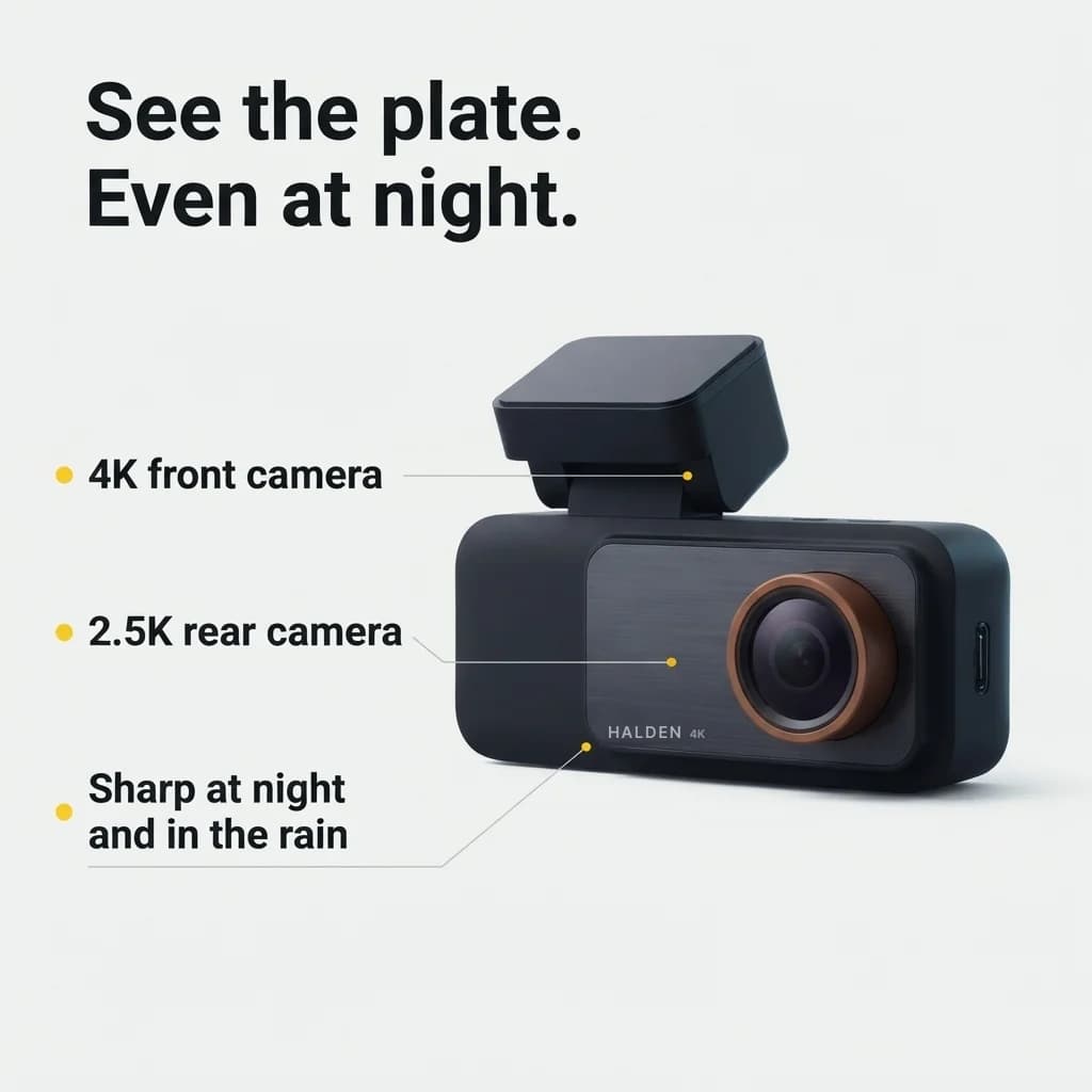 See the plate, even at night: 4K front camera, 2.5K rear camera, sharp at night and in the rain