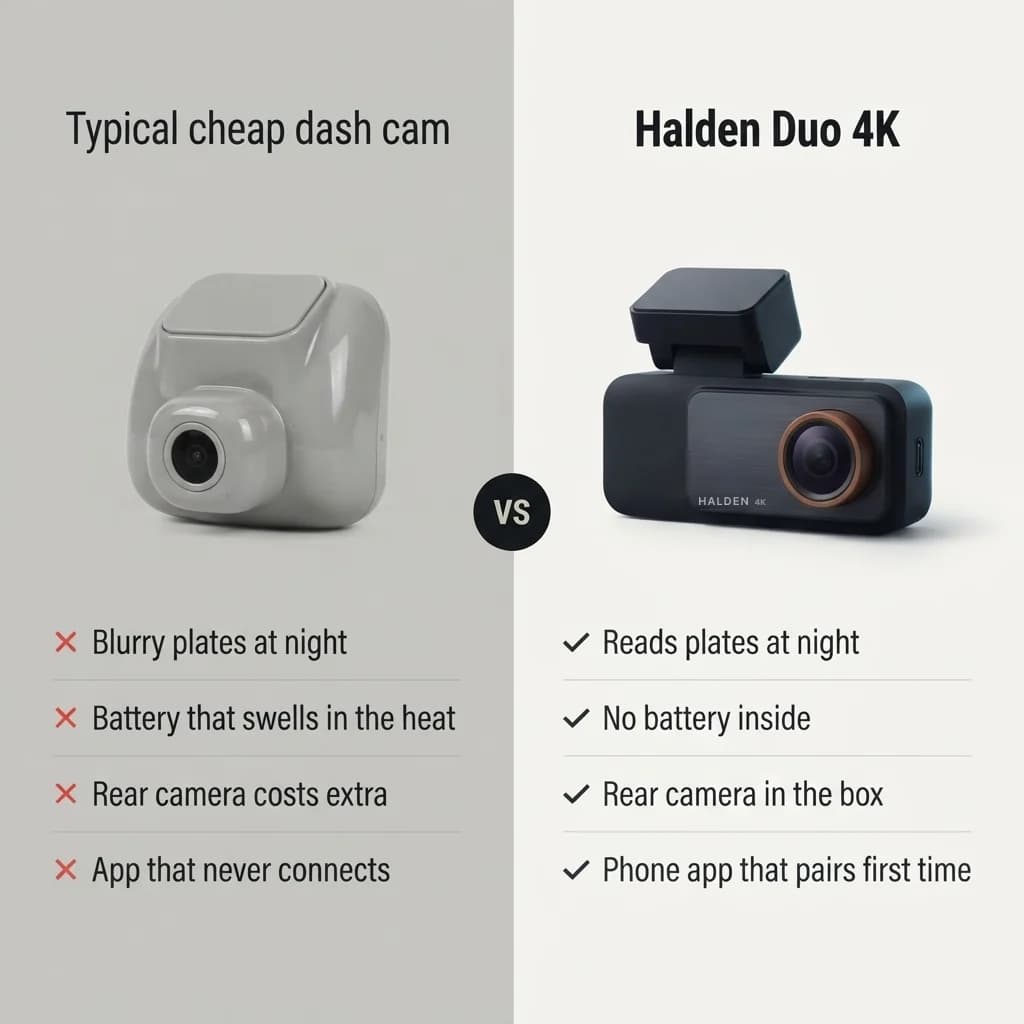 A typical cheap dash cam next to the Halden Duo 4K, point by point
