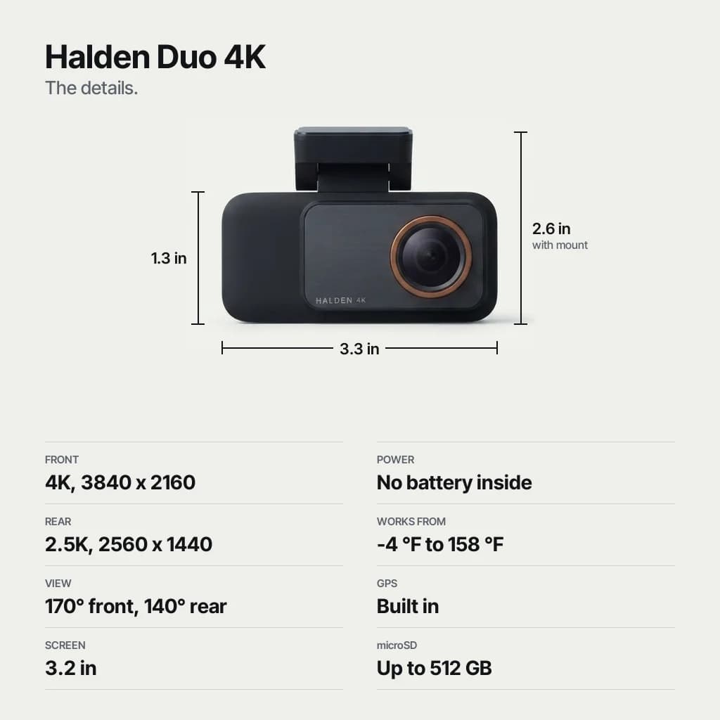 Halden Duo 4K size and specifications: 3.3 in wide, 3.2-inch screen, works from -4 °F to 158 °F
