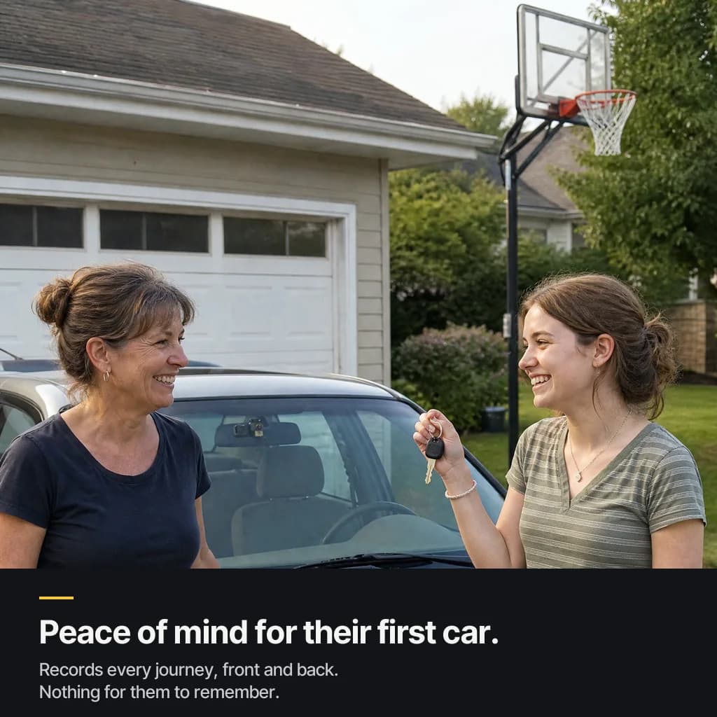 A mom and her daughter by the daughter's first car, the Halden Duo 4K behind the mirror