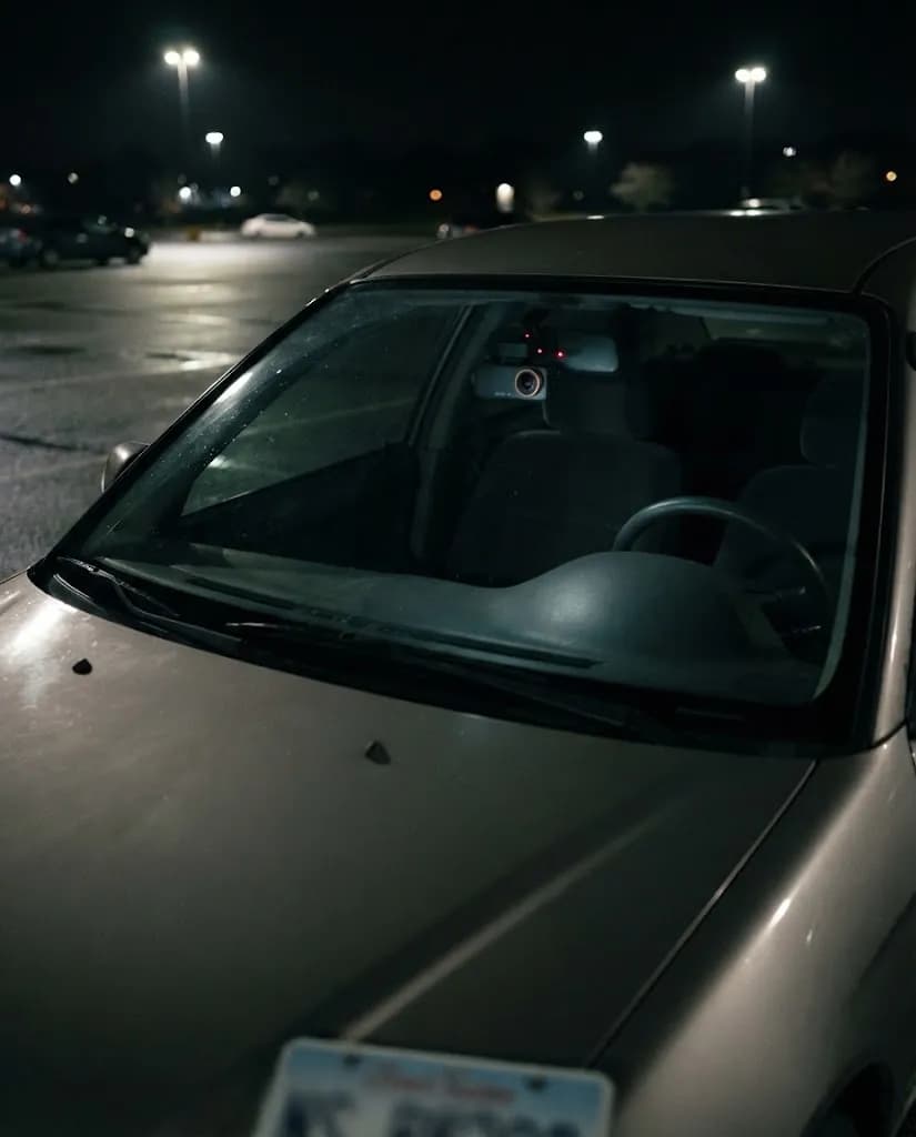 A parking loted in a grocery store parking lot at night, the small Halden camera behind the mirror with its red recording light on