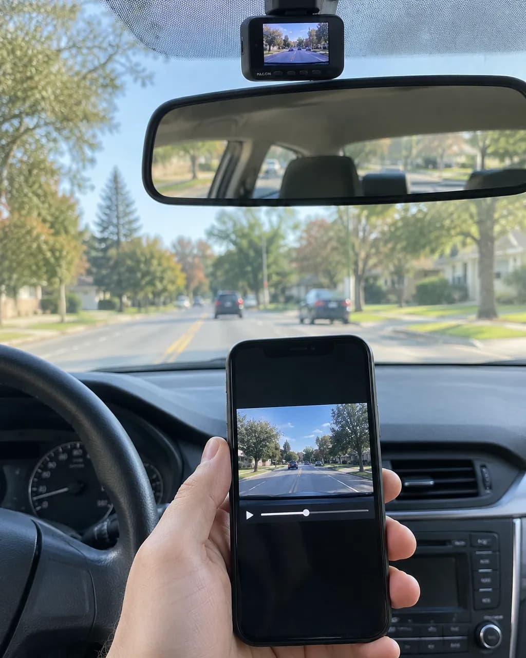 A phone in a hand inside the car playing a dash cam clip, the Halden camera behind the mirror