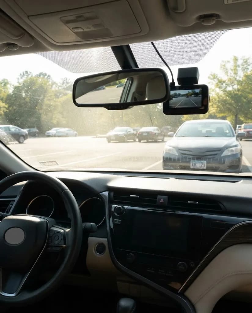 The Halden Duo 4K behind the mirror on a bright summer day, screen on, sun on the windshield