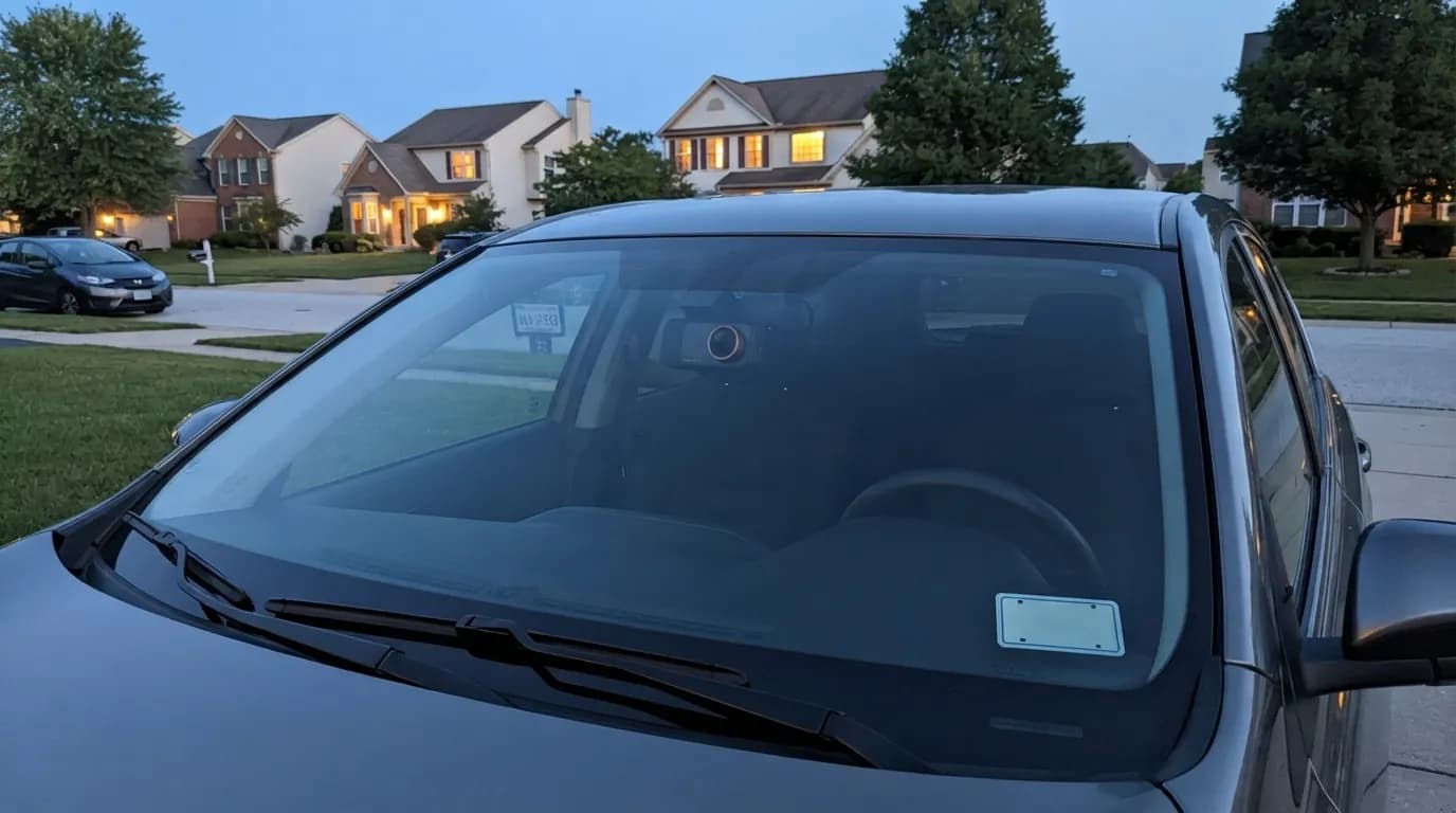 A parking loted on a quiet street at dusk, the Halden Duo 4K behind the mirror