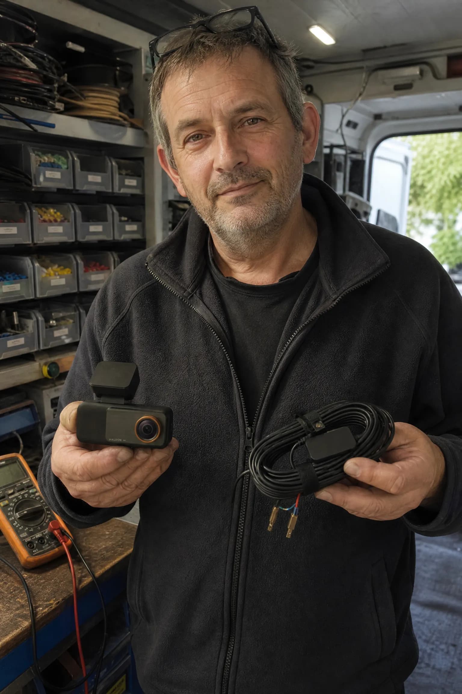 Greg, a car electronics installer, in his van holding the Halden Duo 4K and its hardwire kit