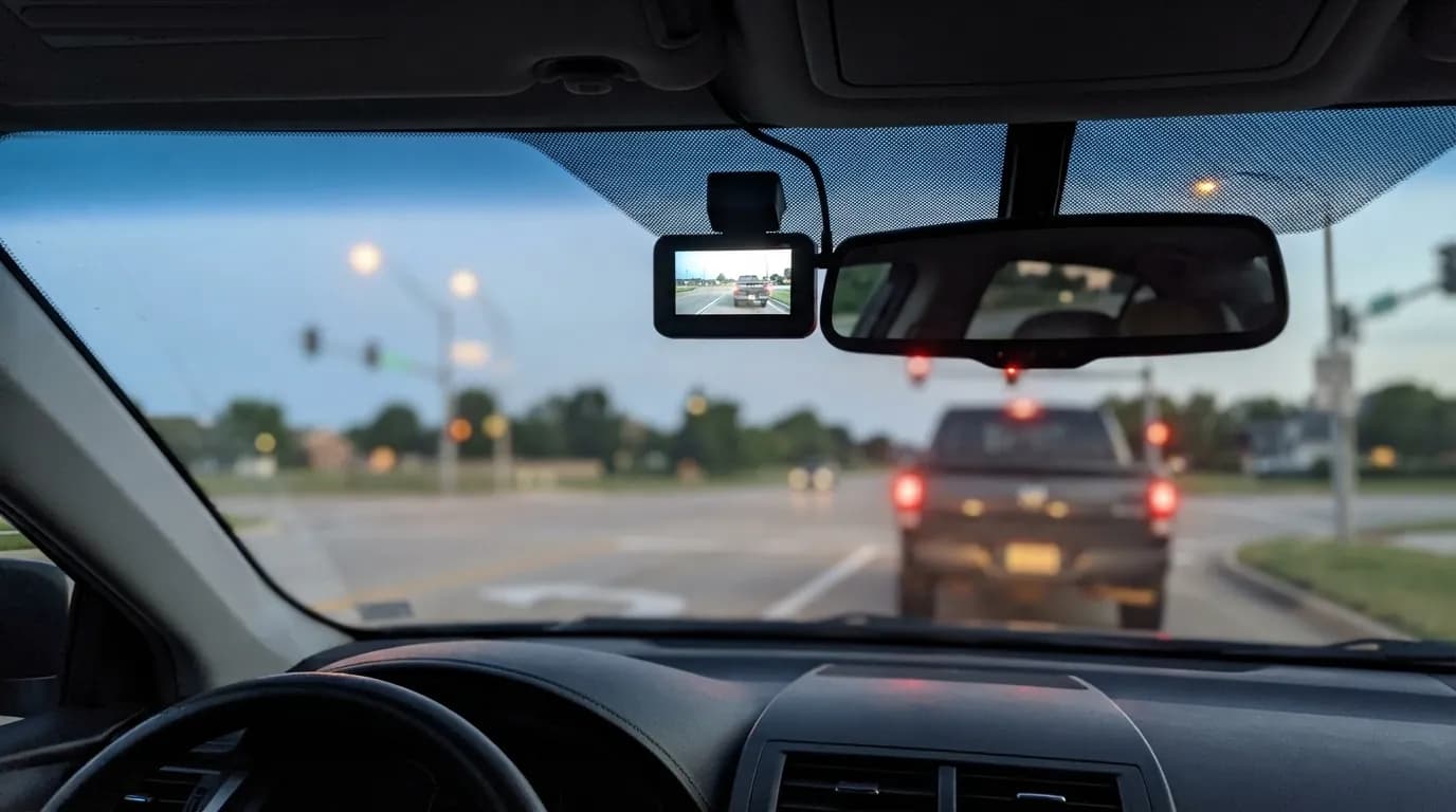 Driving towards an intersection at dusk, the Halden Duo 4K behind the rear-view mirror