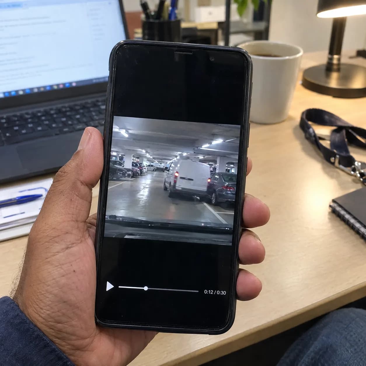 Raj's phone showing the parking clip