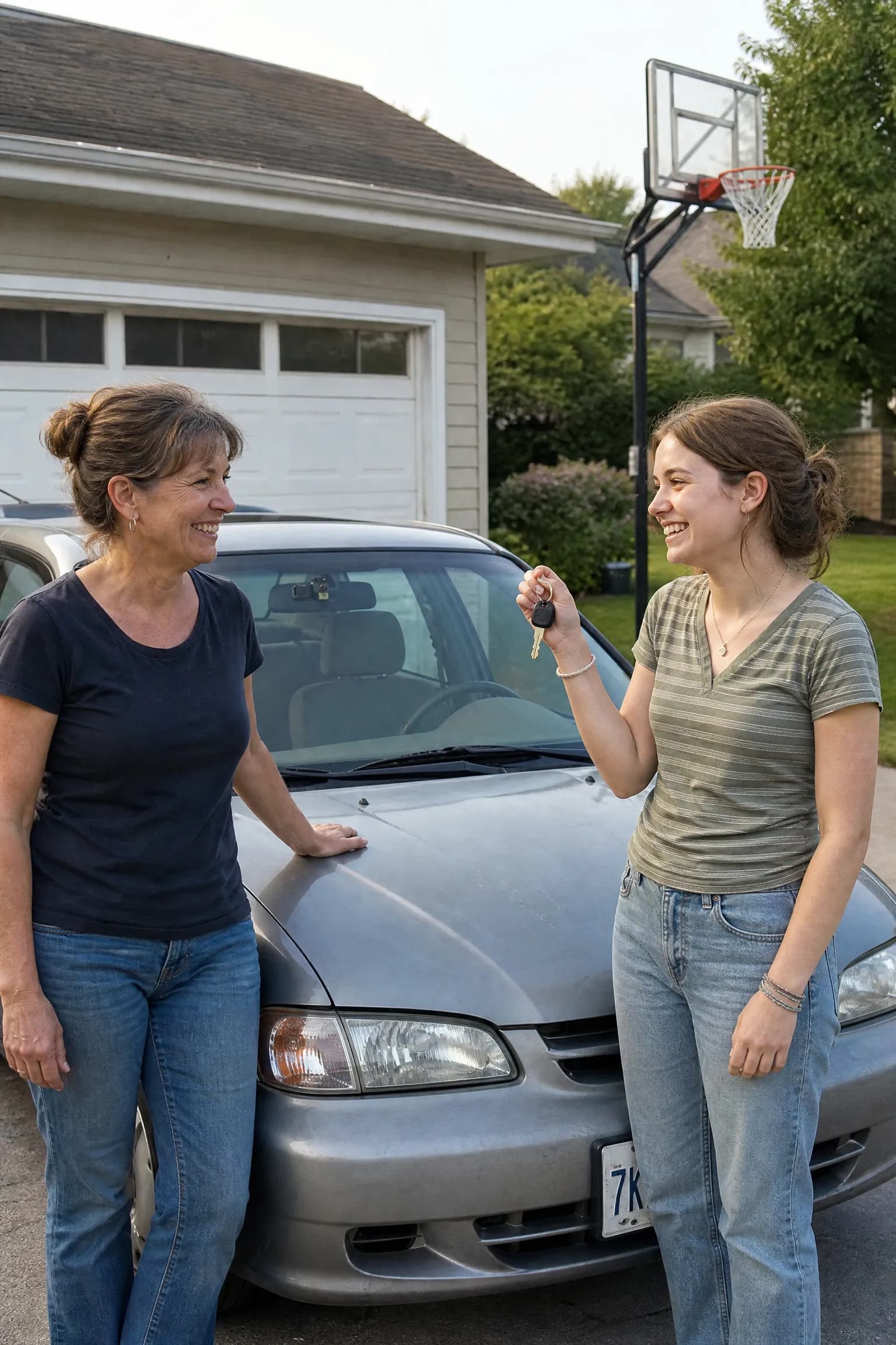A mom and her daughter by the daughter's first car in the driveway